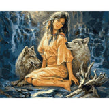 Girl and wild wolves