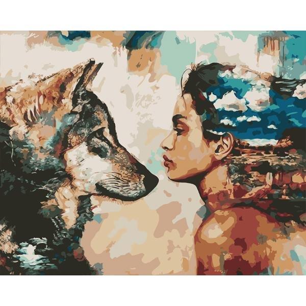 The girl in front of the wolf