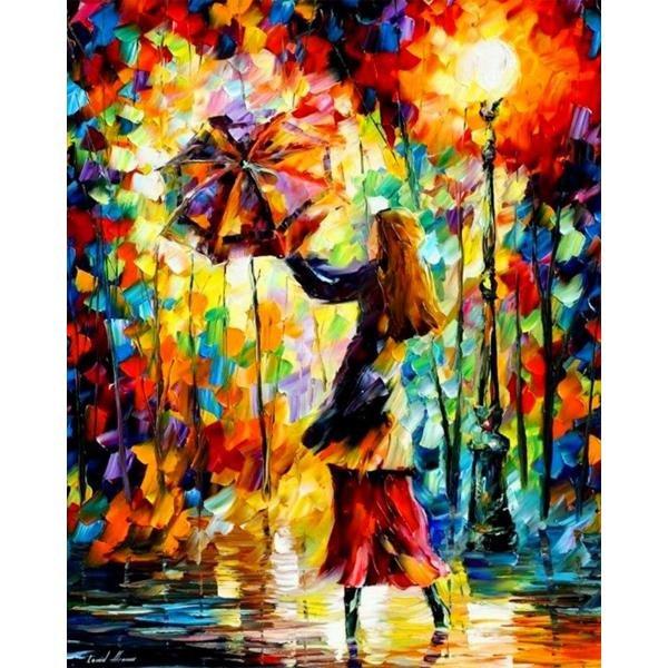 Woman with multicolored umbrella